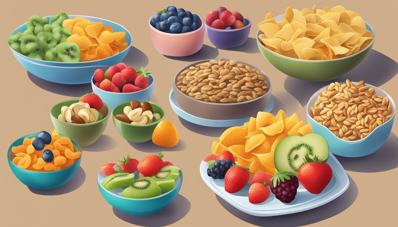 A table with a variety of colorful, healthy snack options such as fruits, nuts, and veggie chips displayed in bowls and on plates