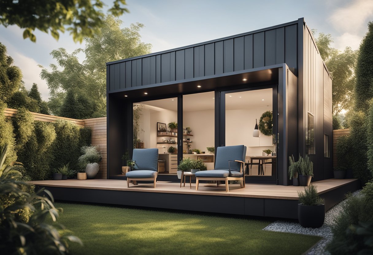 A modern prefabricated accessory dwelling unit nestled in a lush backyard, surrounded by trees and a small garden