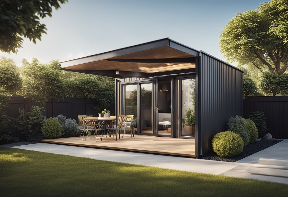 A suburban backyard with a small, modern prefabricated dwelling unit, surrounded by a fence and landscaping, with a zoning regulation document on a nearby table