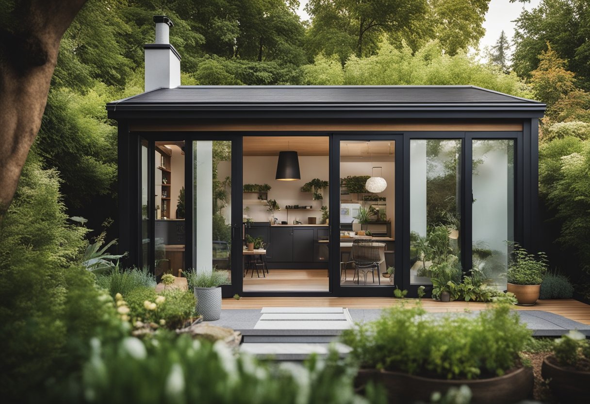 A cozy, detached accessory dwelling unit nestled in a lush backyard garden, with a small patio and large windows