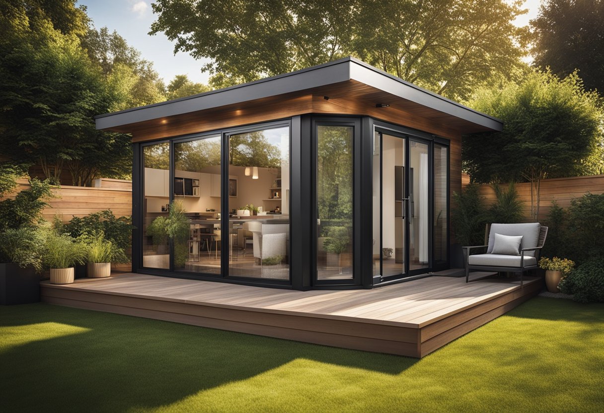 A cozy backyard accessory dwelling unit with a modern design, featuring large windows, a small patio, and landscaping around the exterior