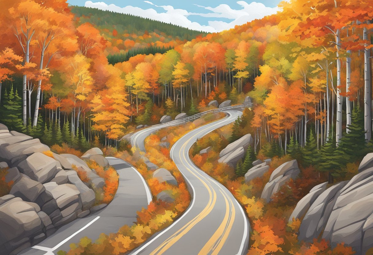 Vibrant autumn foliage lines winding roads through Acadia's mountains and valleys during peak fall season