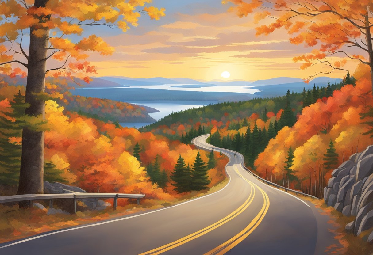 A winding road cuts through Acadia National Park surrounded by vibrant trees displaying peak fall colors with warm sunlight filtering through the foliage