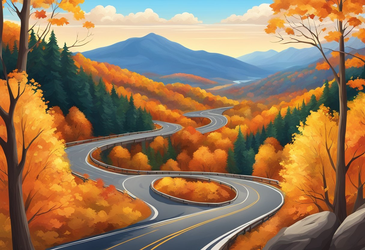 A winding mountain road cuts through forest ablaze with vibrant autumn foliage with mountains in the distance and clear blue sky overhead