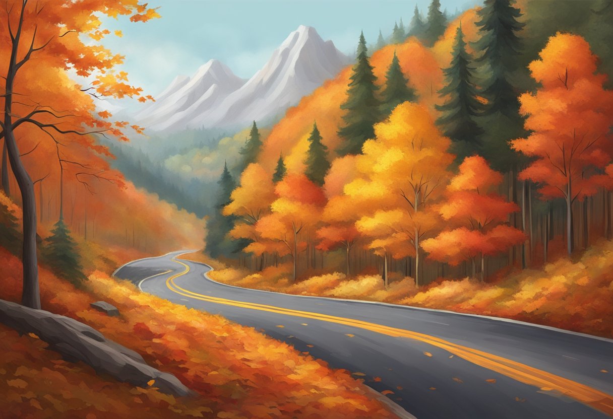 A winding road cuts through a forest ablaze with autumn colors with vibrant red orange and yellow leaves creating a breathtaking canopy overhead framing the road