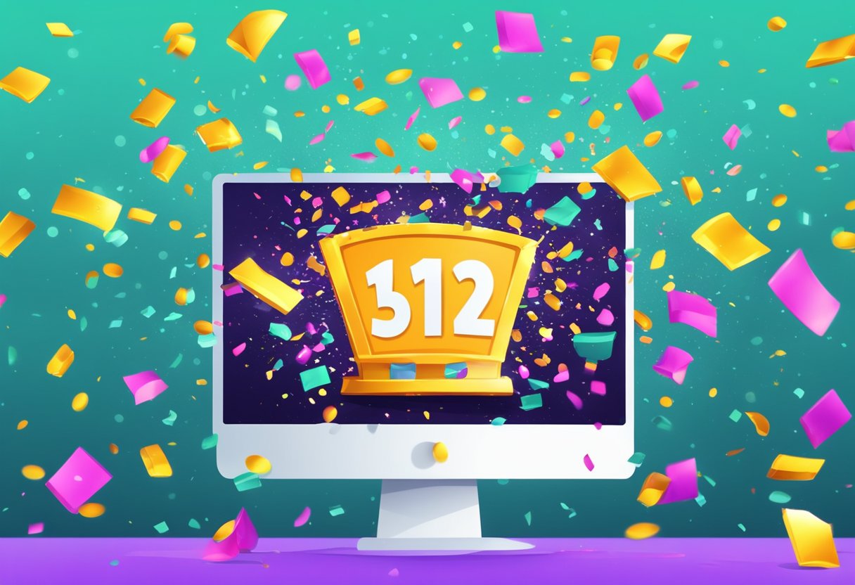 A computer screen with a jackpot win notification and confetti falling