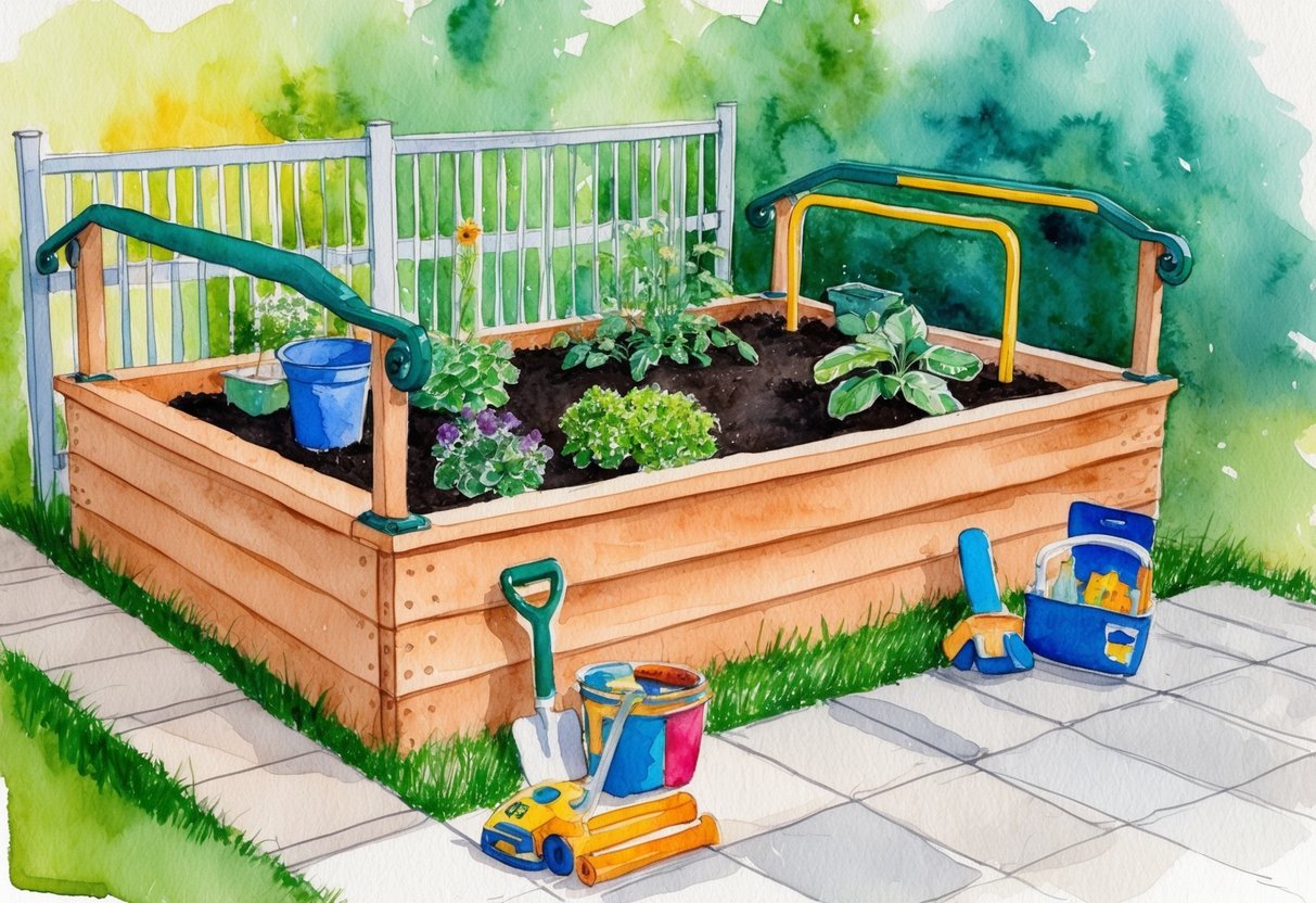 A wheelchair-accessible raised garden bed with sturdy handrails, non-slip pathways, and kid-friendly tools and supplies