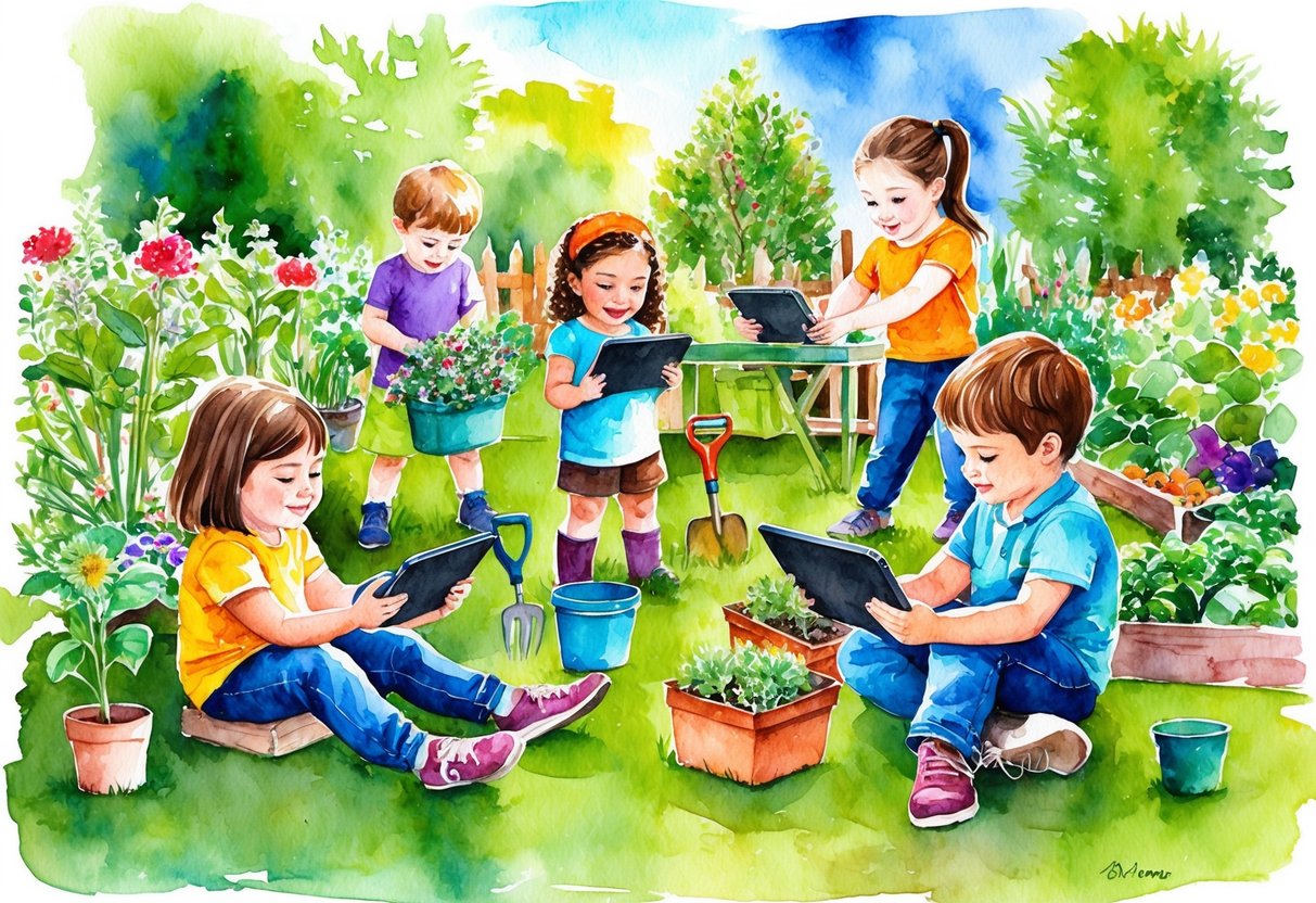 A group of children use tablets and gardening tools in a vibrant garden