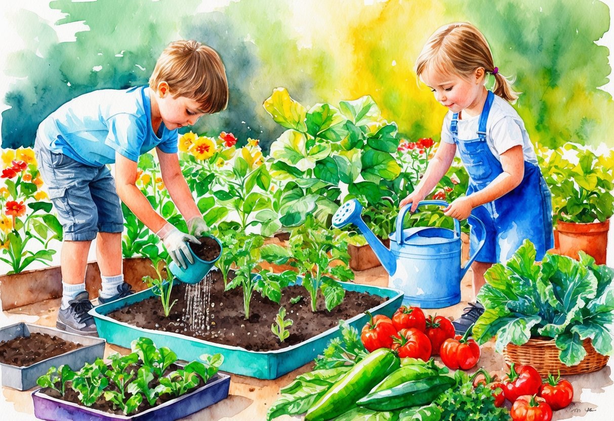 Children planting seeds in a colorful garden, watering plants, and picking ripe vegetables