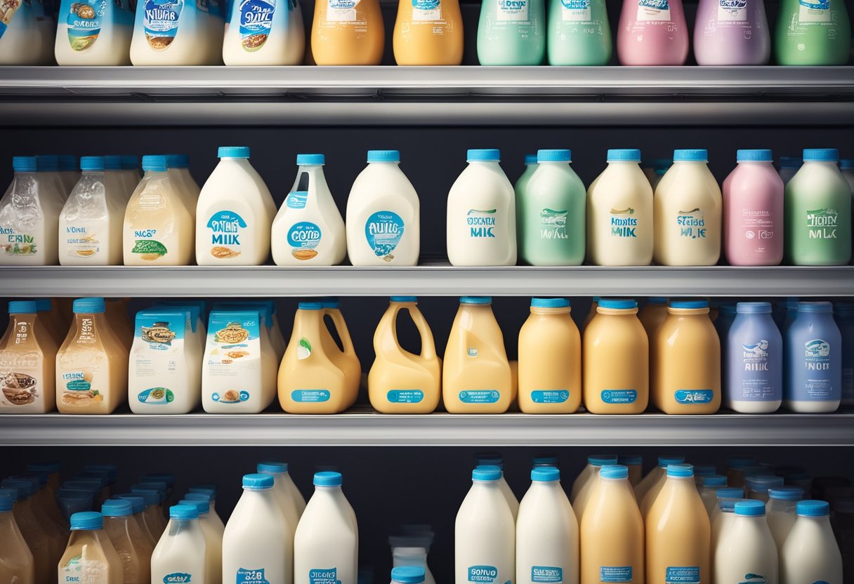 A shelf with various types of formula milk, including cow milk-based and non-cow milk options, displayed in colorful packaging