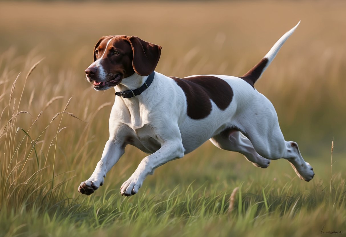 A Pudelpointer dog running through a field of tall grass, with a focused and determined expression on its face