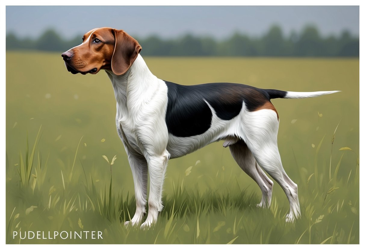 A Pudelpointer dog stands alert in a grassy field, with a wiry, water-resistant coat, webbed feet, and a distinctive, long, broad head with a strong neck and deep chest