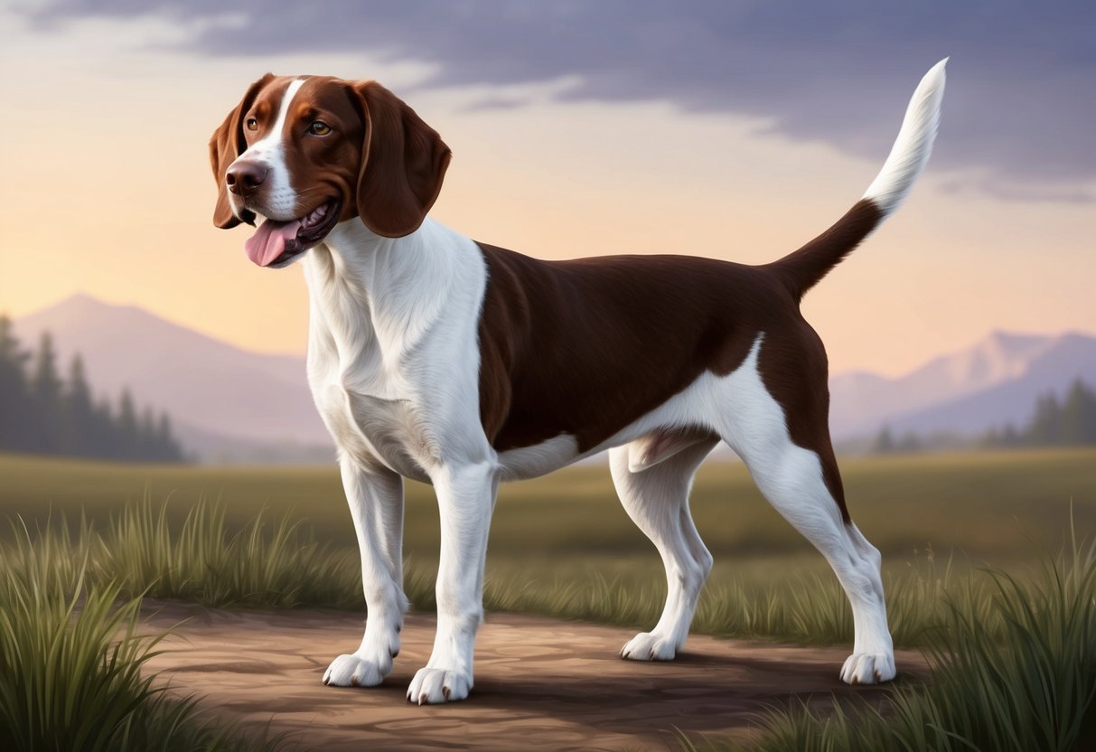 A Pudelpointer dog stands alert with a wagging tail, ears perked, and a friendly expression