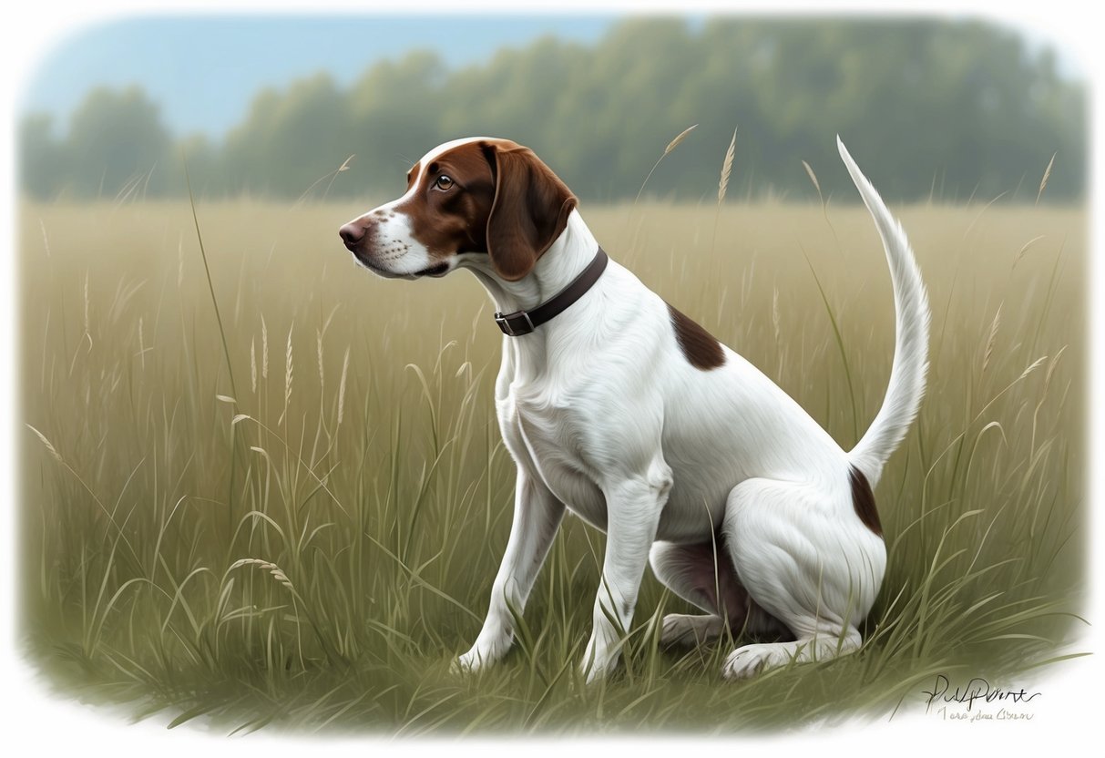 A Pudelpointer dog crouches in the tall grass, focused on a distant target. Its tail is raised, ears alert, ready to spring into action