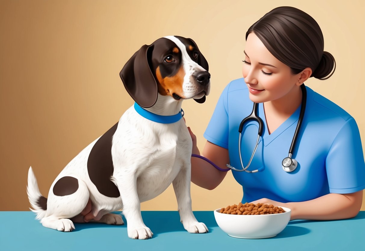 A Pudelpointer dog receiving gentle care from its owner, with a stethoscope around its neck and a bowl of healthy food nearby