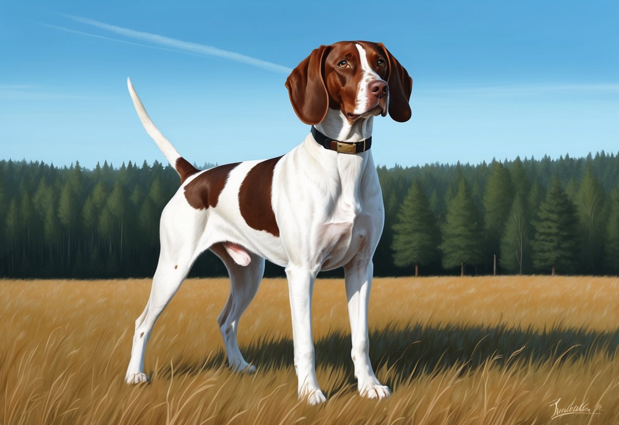 A Pudelpointer dog stands alert in a field, with a dense forest in the background and a clear blue sky above