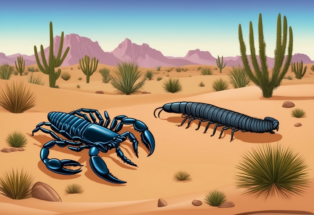 A scorpion and a centipede coexisting in a desert landscape