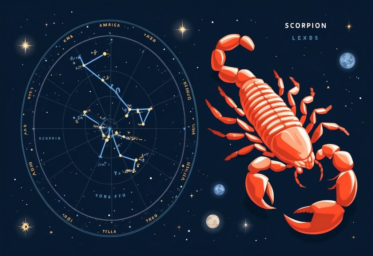 A scorpion and a constellation map side by side on a dark background