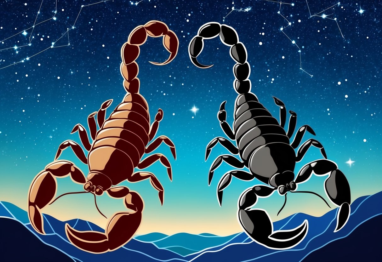 Two scorpions dancing under a starry sky, their tails intertwined in a symbol of deep connection