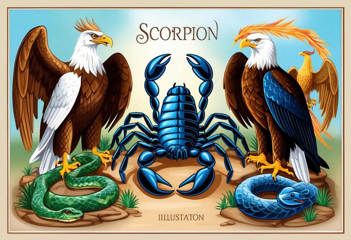 A scorpion surrounded by a group of compatible creatures, such as a snake, eagle, and phoenix, all in a harmonious and balanced arrangement