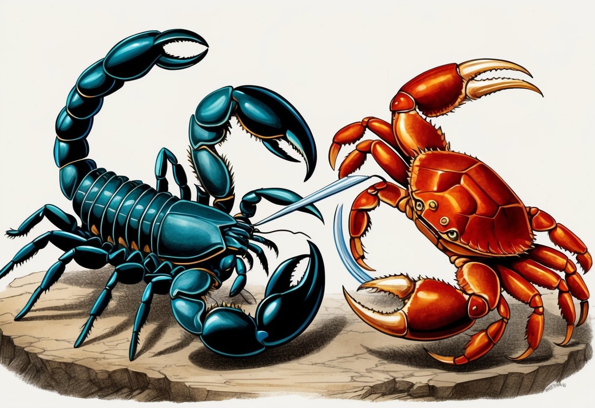 A scorpion and a crab engage in a fierce battle, their pincers clashing as they test each other's strength and resolve