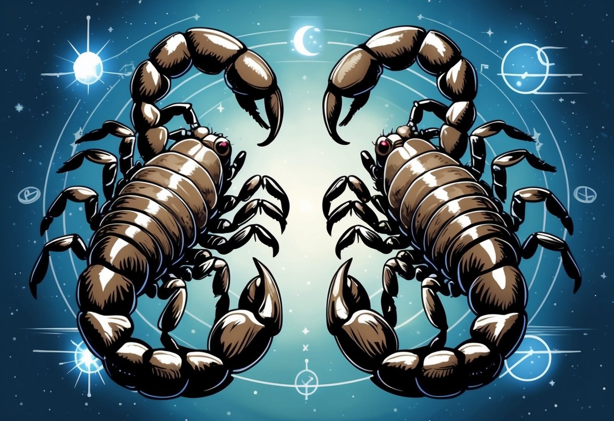 Two scorpions facing each other, surrounded by celestial symbols and constellations. Their intensity is palpable as they lock eyes with a sense of deep understanding