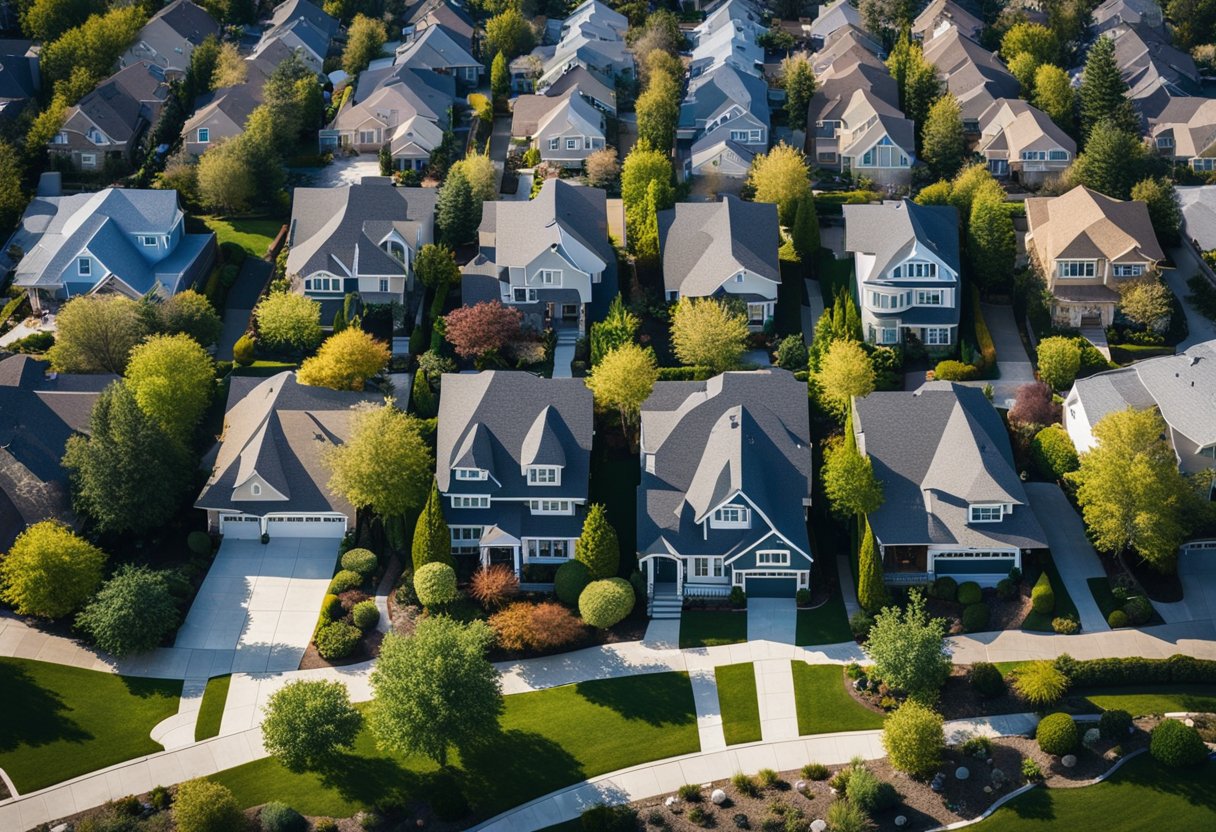 A suburban neighborhood with a mix of single-family homes and small, detached accessory dwelling units in the backyards