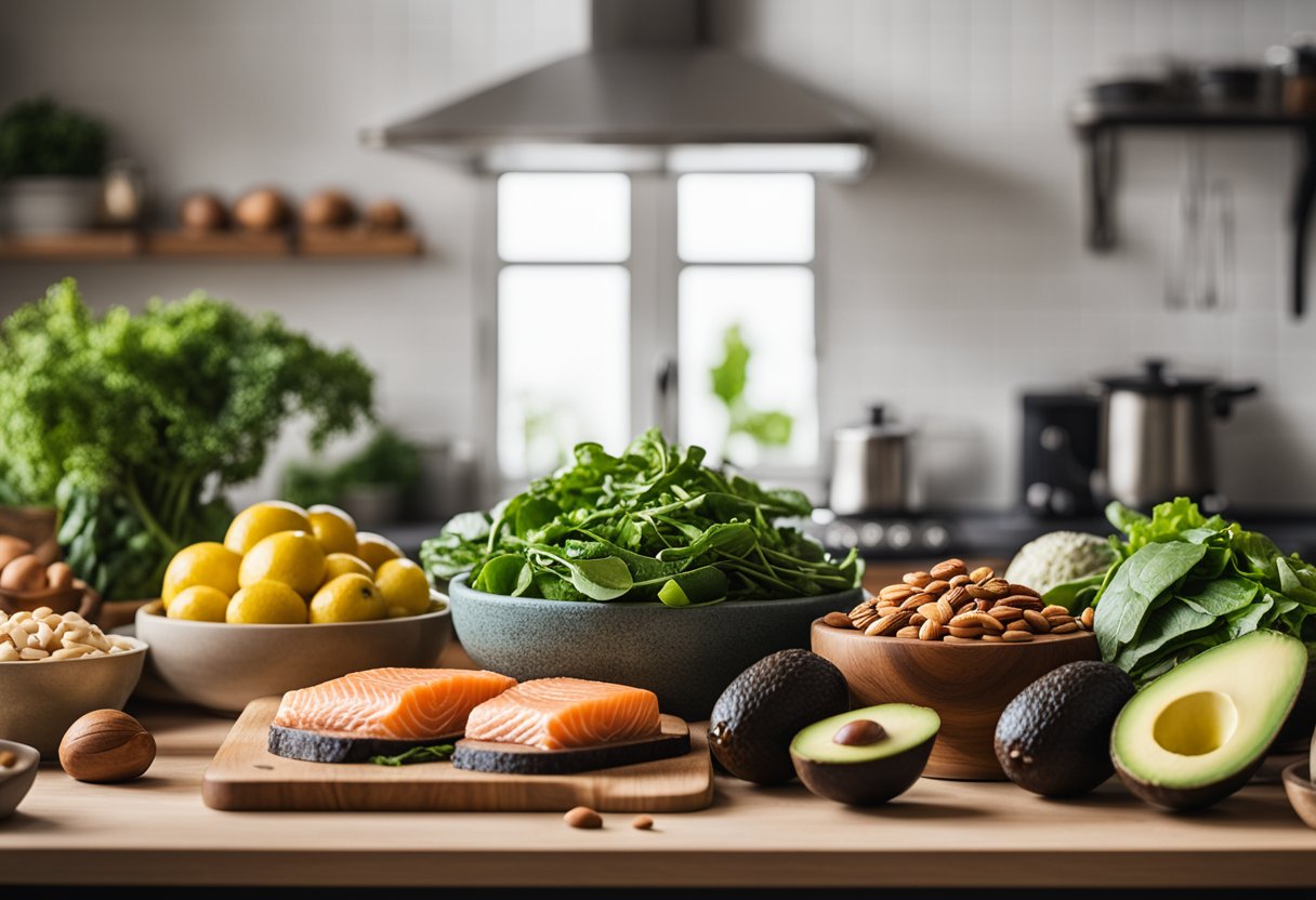 A kitchen counter with various keto-friendly foods and ingredients, such as avocados, salmon, nuts, and leafy greens, arranged neatly for meal preparation