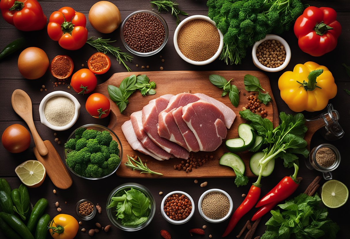 A colorful array of fresh vegetables and lean meats arranged on a wooden cutting board, surrounded by jars of spices and herbs Keto Diet For Arthritis