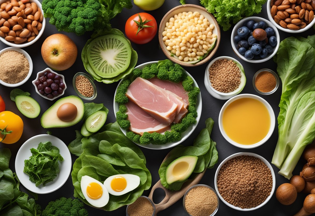 A colorful plate of keto-friendly foods, including leafy greens, lean proteins, and healthy fats, surrounded by images of healthy joints and a scale Keto Diet For Arthritis