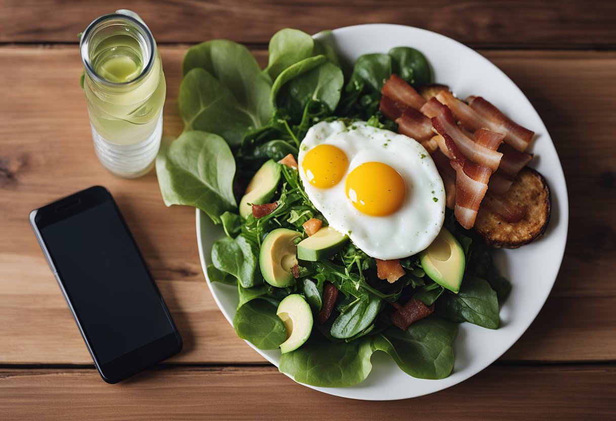 A runner's meal: avocado, eggs, bacon, and leafy greens on a plate, with a water bottle and running shoes nearby