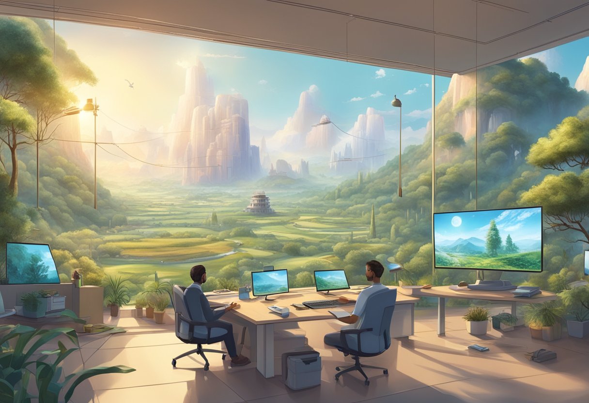 A serene landscape with AI-controlled machines tending to every task, while humans relax in a utopian setting