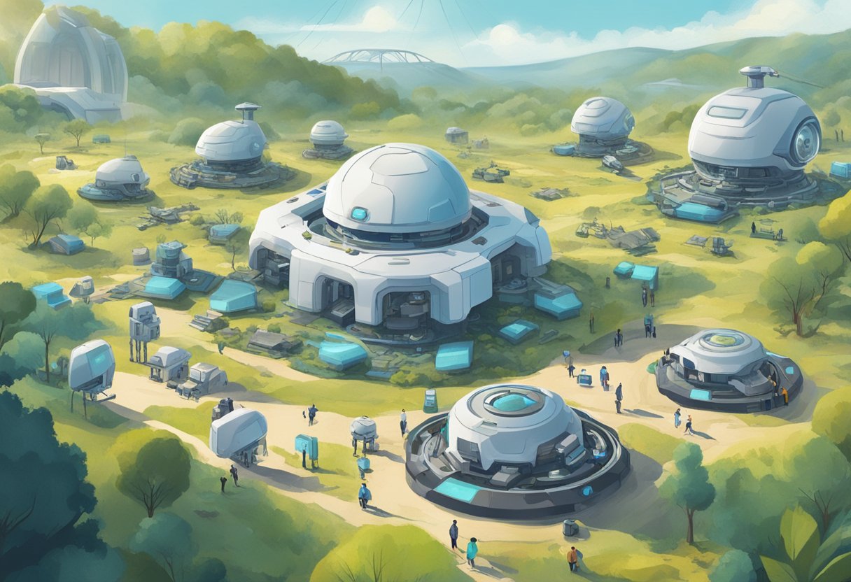 A serene landscape with a human-made structure surrounded by AI-powered machines performing various tasks, while humans appear relaxed and free from cognitive strain