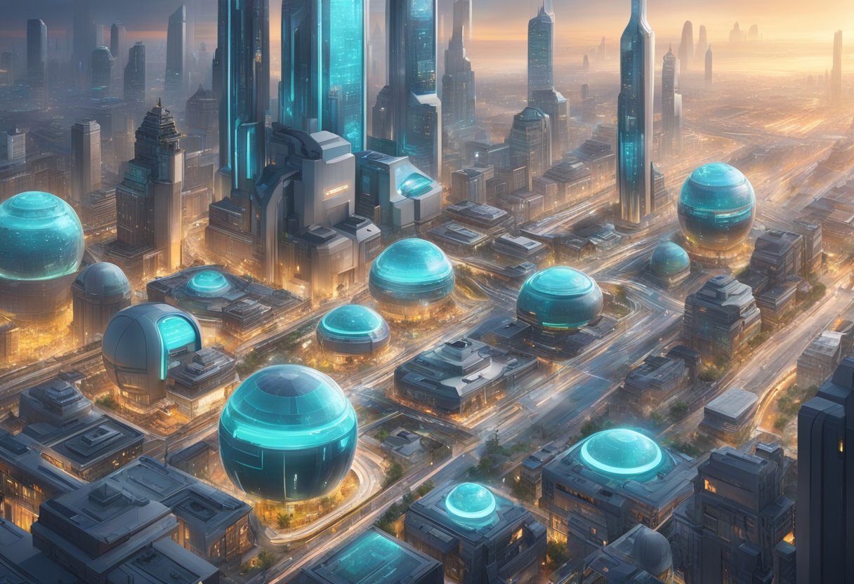 A futuristic city with AI-controlled machines performing all tasks, while humans appear idle and disengaged