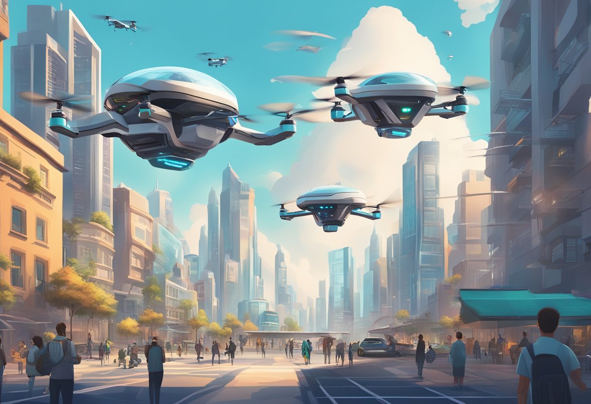 A serene, futuristic cityscape with AI-controlled drones and vehicles, while humans appear relaxed and leisurely, no longer needing to think or make decisions