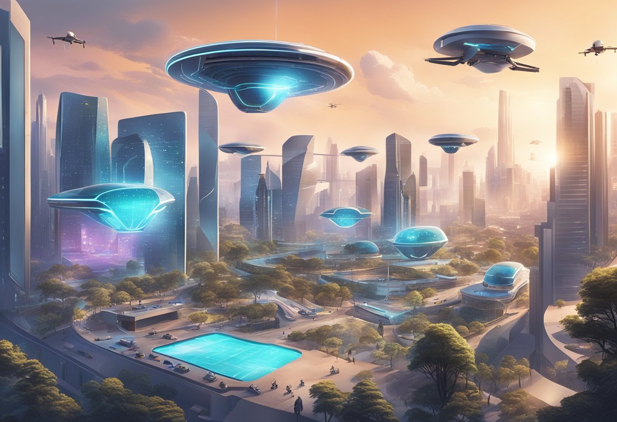 A futuristic cityscape with autonomous vehicles and drones performing tasks while humans relax in a virtual reality environment