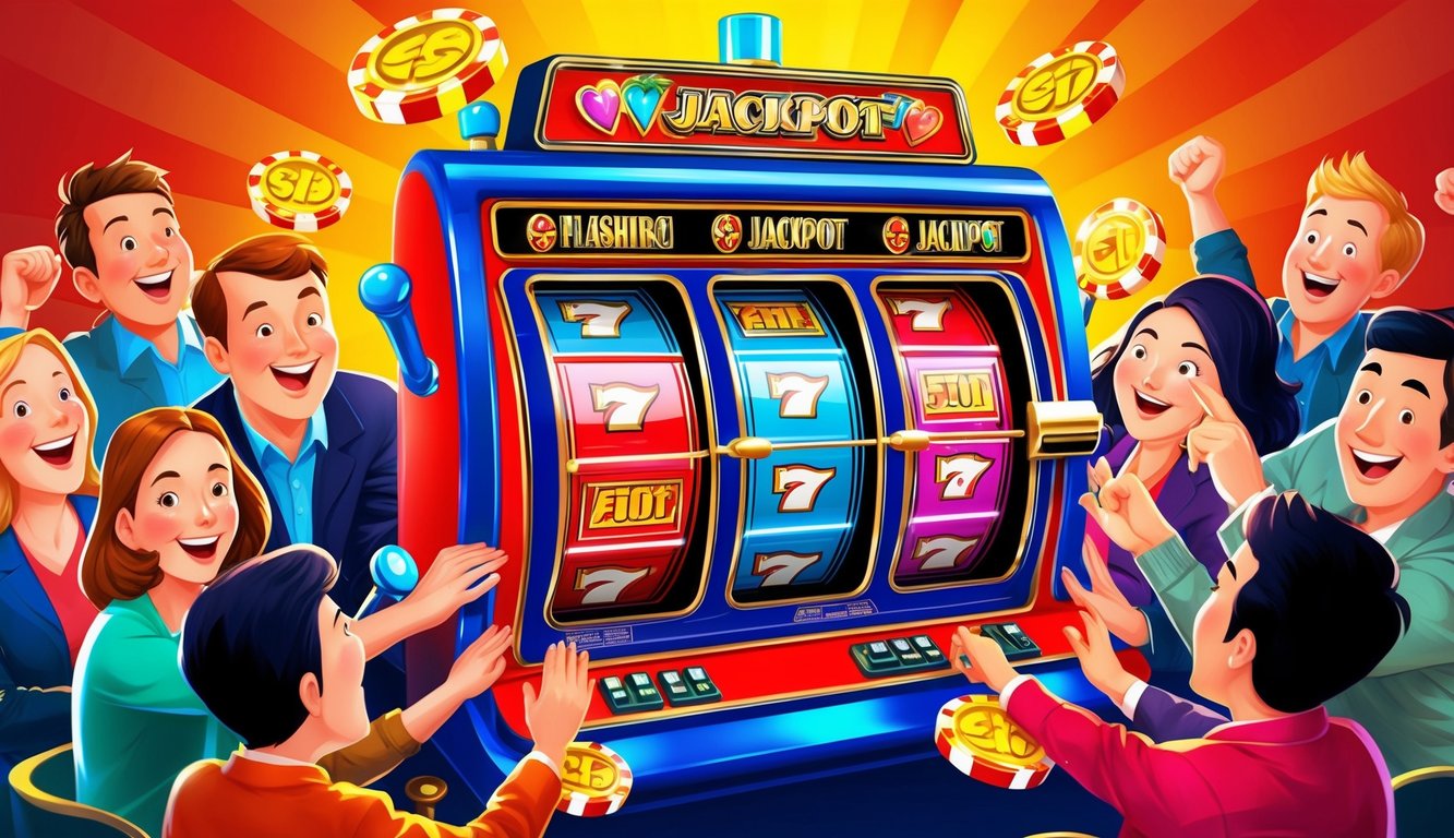 Sebuah mesin slot berwarna-warni dengan lampu berkedip dan gulungan berputar, dikelilingi oleh pemain yang bersemangat berharap untuk mendapatkan jackpot terbesar