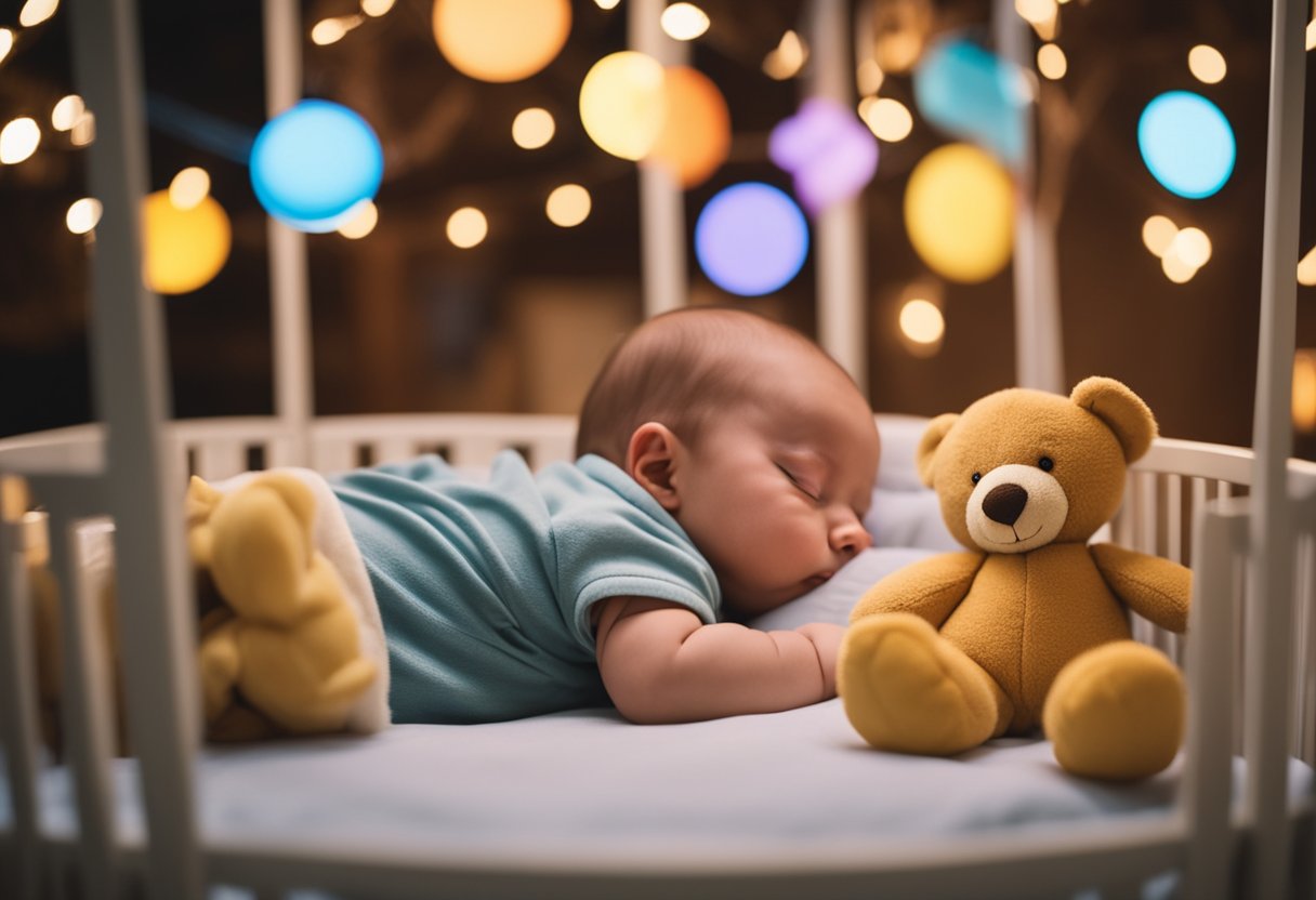 A baby peacefully sleeping in a cozy crib with a stuffed animal nearby, while a mobile of colorful shapes and animals spins gently above