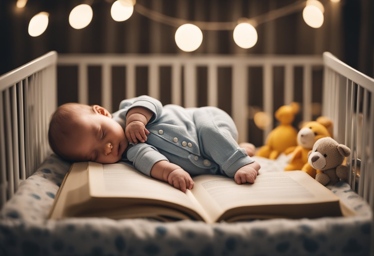 A baby sleeping peacefully in a cozy crib, surrounded by toys and a book about the Eat-Play-Sleep routine. A tired but content couple looks on with smiles