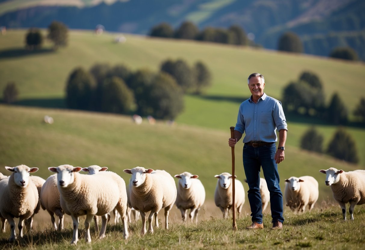 A man standing on a hill, surrounded by sheep, holding a shepherd's staff