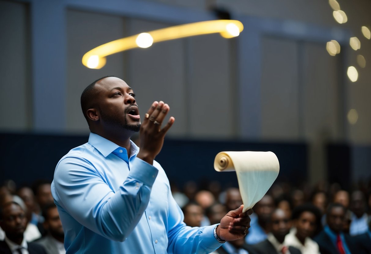 A man preaching to a crowd, holding a scroll, with a halo above his head