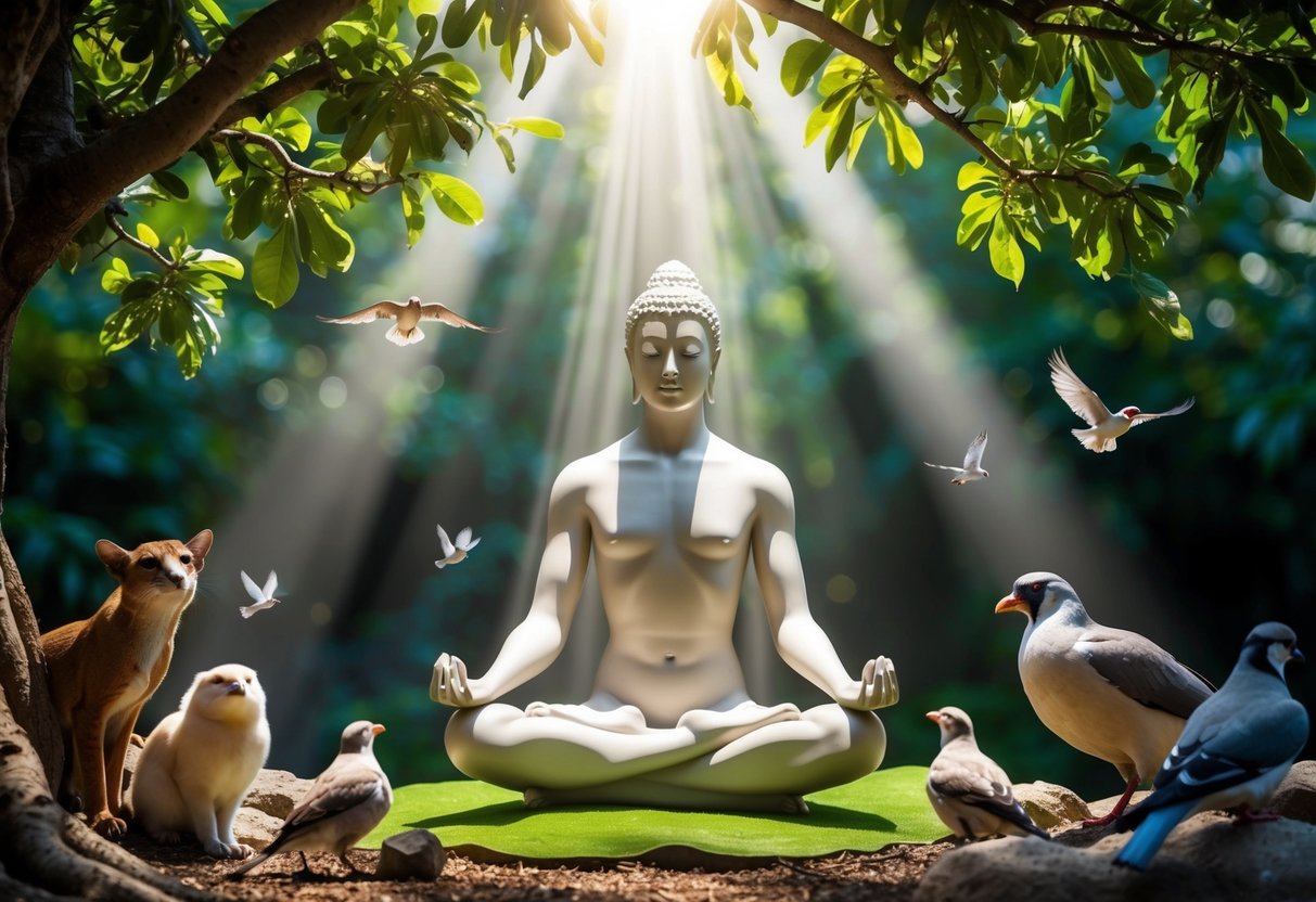 A serene figure meditates under a lush fig tree, surrounded by animals and birds. Rays of light emanate from above, illuminating the scene