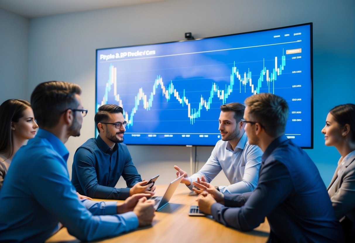 A group of people gathered around a large screen displaying fluctuating line graphs and numbers, discussing Ripple XRP price predictions