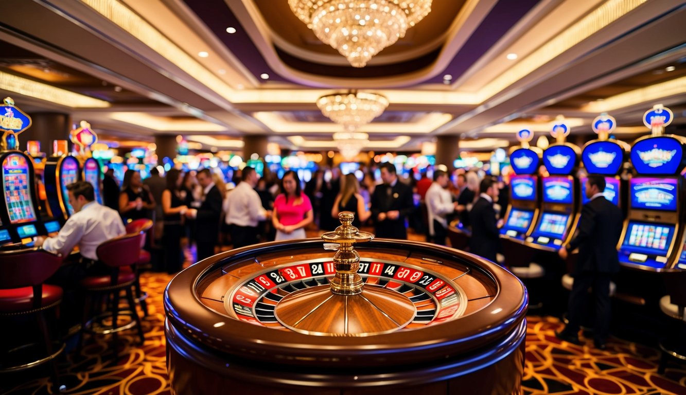 Sebuah suasana kasino yang hidup dengan roda roulette yang berputar, mesin slot berwarna-warni, dan kerumunan pemain serta dealer yang ramai