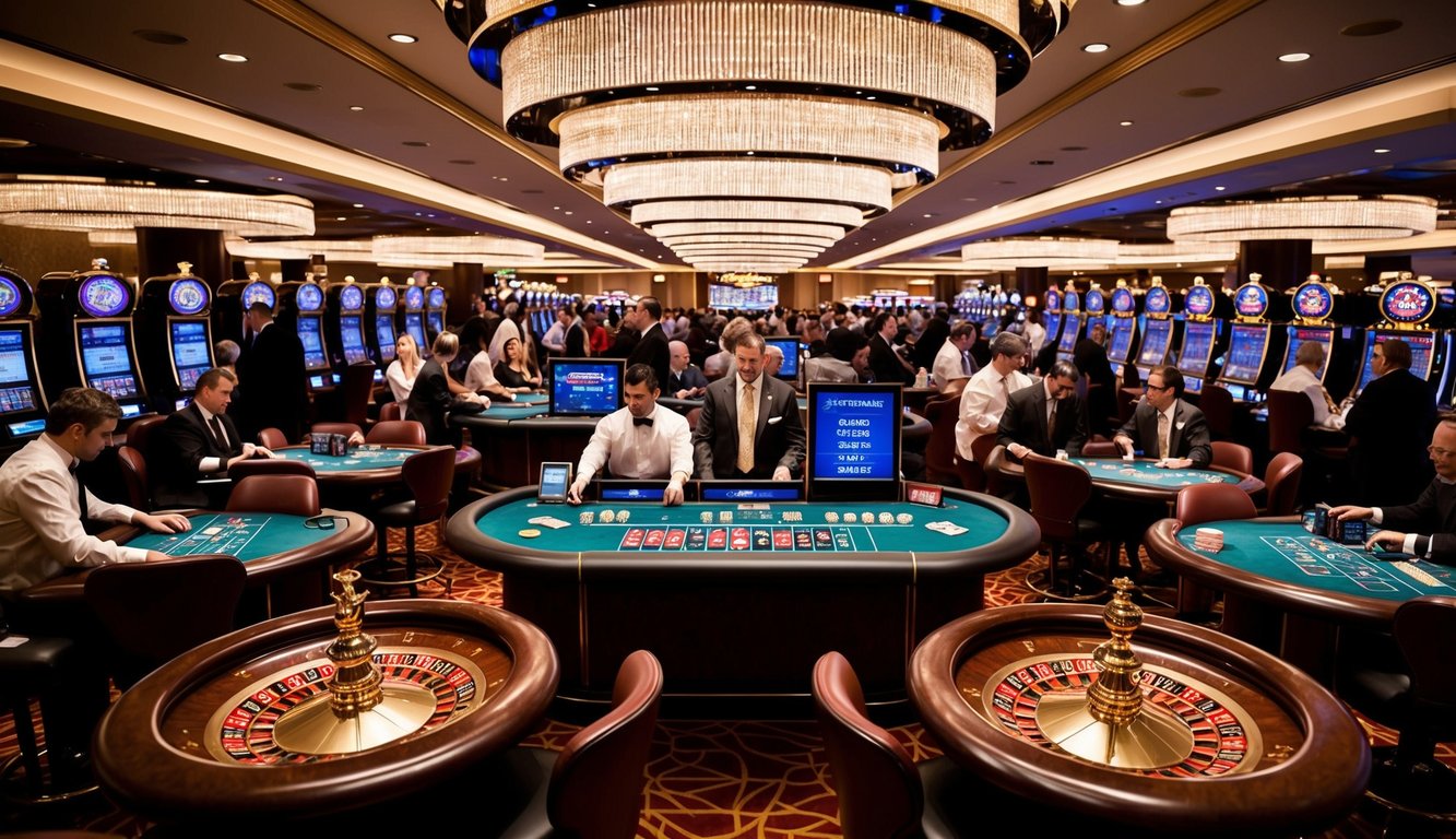 Sebuah kasino langsung yang ramai dengan meja roulette, blackjack, dan poker, mesin slot, serta kerumunan pemain dan dealer yang hidup