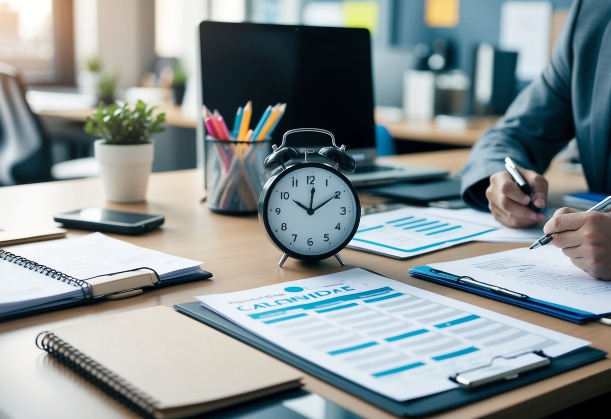 Un bureau de bureau occupé avec un calendrier, une horloge et des documents, représentant l'importance de la gestion du temps et de la rédaction technique dans les marchés publics.