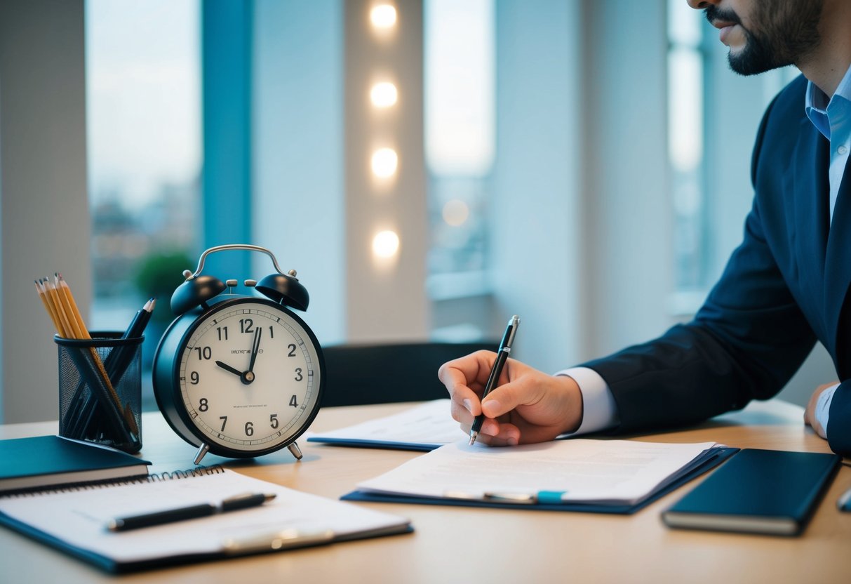 Une personne à un bureau avec un calendrier, une horloge et un document, organisant son temps et rédigeant un mémo technique pour des contrats publics.