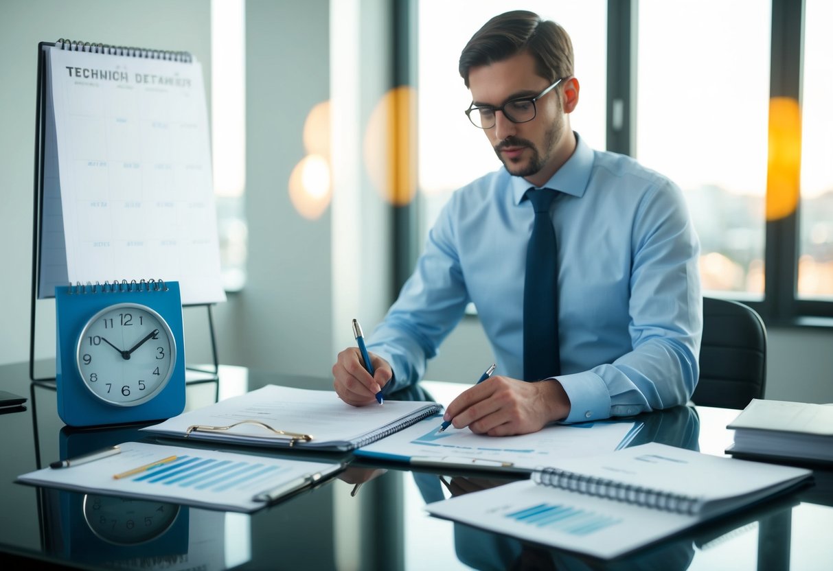 Une personne assise à un bureau avec un calendrier, une horloge et des documents techniques, organisant et planifiant des révisions et des corrections pour un rapport technique de marché public.