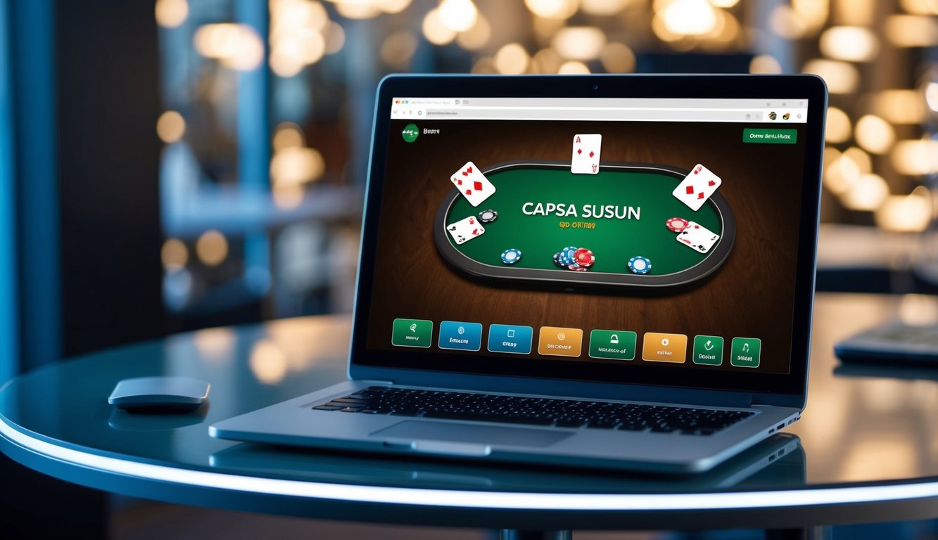 Sebuah layar digital menampilkan permainan capsa susun online dengan kartu dan chip virtual di atas meja yang ramping