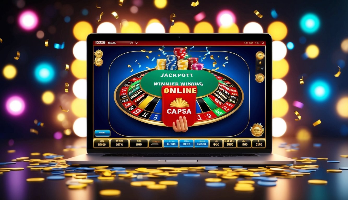 Antarmuka digital berwarna-warni yang menampilkan tangan kemenangan jackpot Capsa online, dikelilingi oleh lampu berkedip dan konfeti